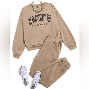 Women's Plus Size Khaki Letter Printed Drop Shoulder Sweatshirt And Jogger Set